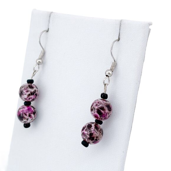 Vintage Sterling Silver 925 Purple Swirl Glass Beaded Dangle Earrings - Picture 4 of 6